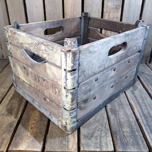Vintage 1949 Wooden Dairy Crate with Metal Hardware Rustic Farmhouse Storage Box 16x13x9.75