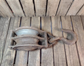 Vintage Double Sheave Pulley Block with Hook Heavy Cast Iron Industrial Rigging