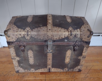 Antique Dome Top Steamer Trunk with Metal Straps – Rustic Storage Chest