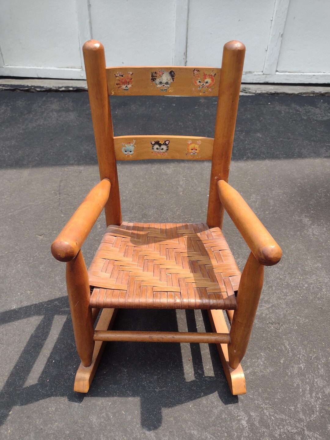 Vintage Wooden Children's Rocking Chair: Woven Seat, Animal Decals