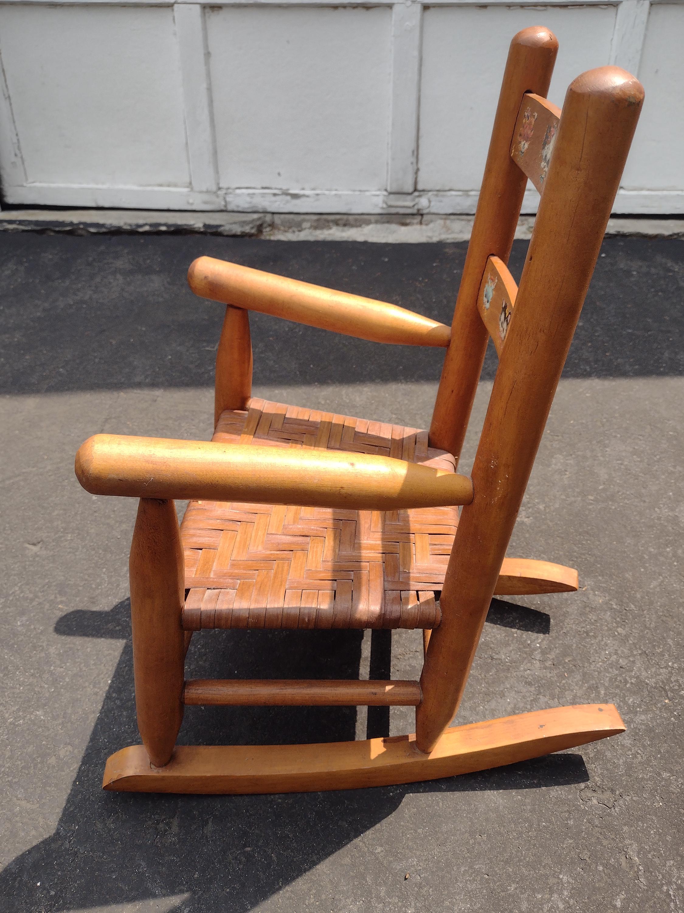Vintage Wooden Children's Rocking Chair: Woven Seat, Animal Decals