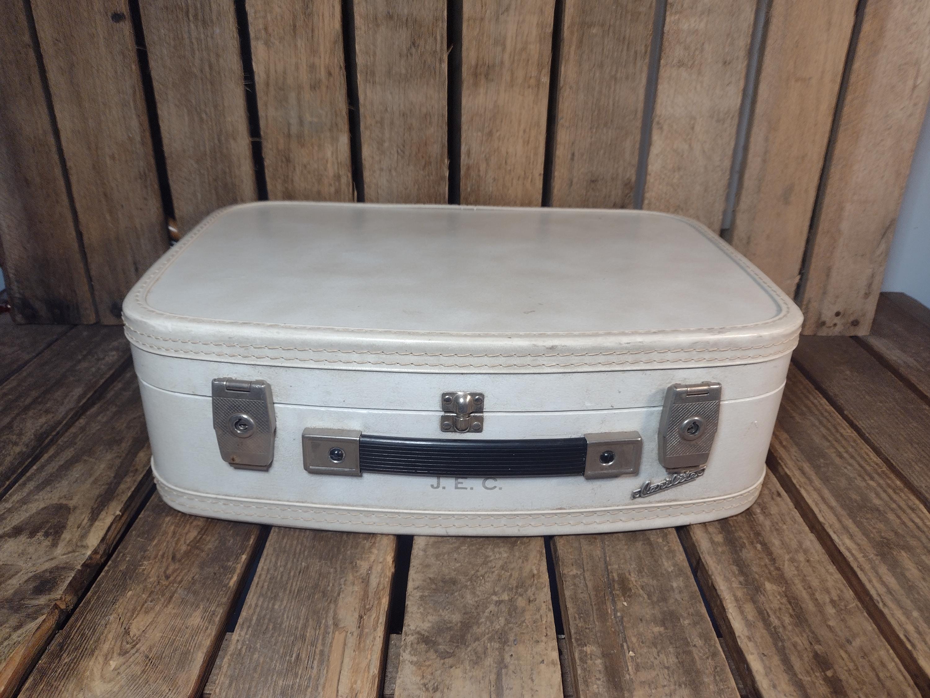 Vintage White Carilite Hard Case Suitcase Blue Lined Storage Case