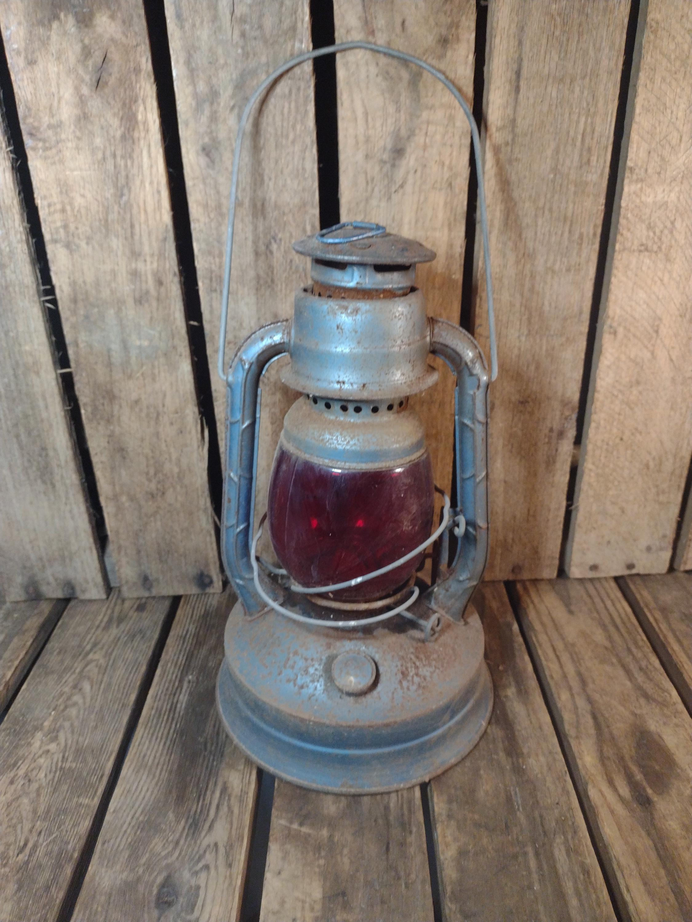 Vintage Rusty Dietz Little Wizard Blue Kerosene Lantern Red Glass