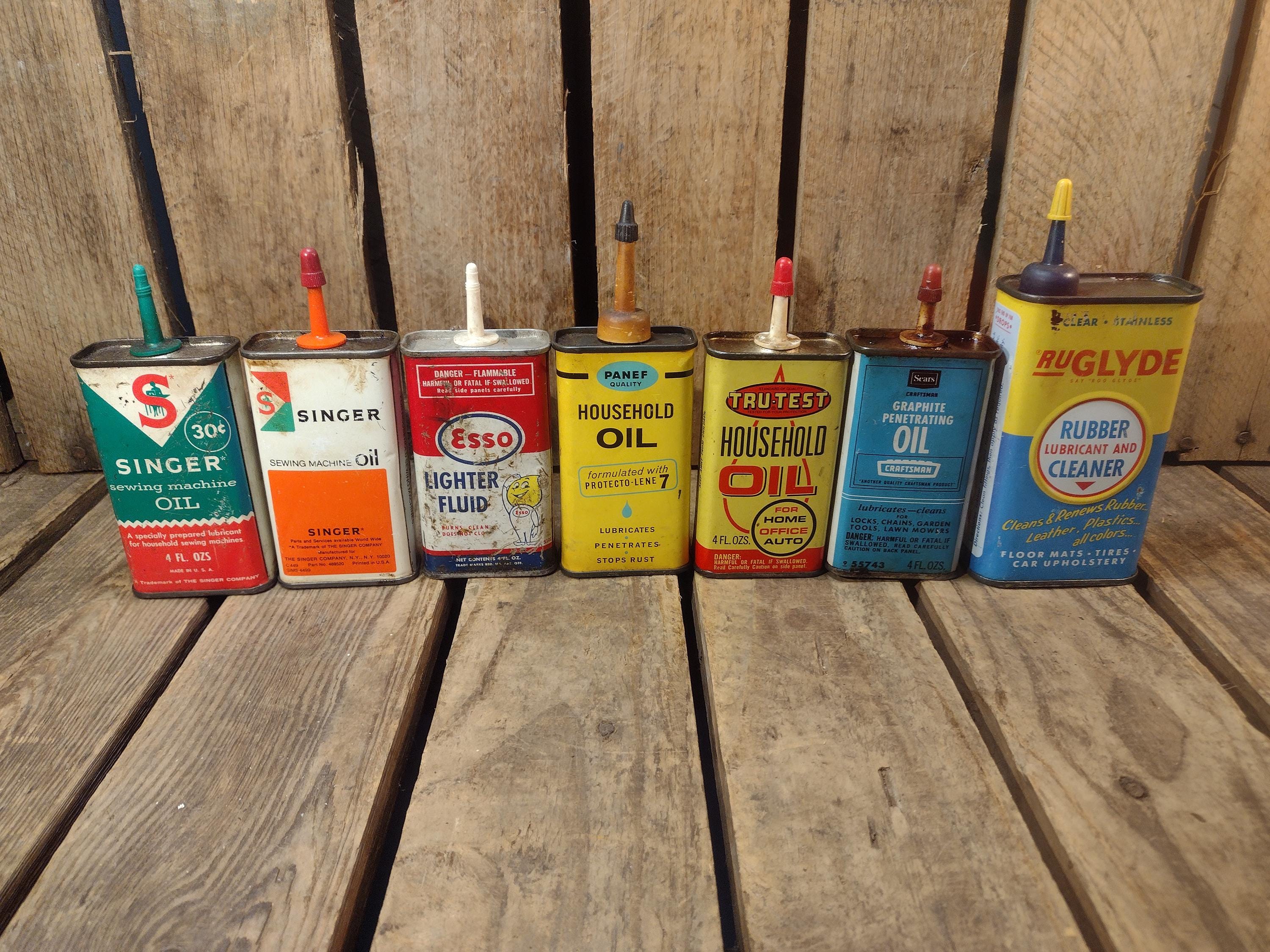 Vintage Oil Can Set: Singer, Esso, Penn, Sears, Tru-test, Ruglyde