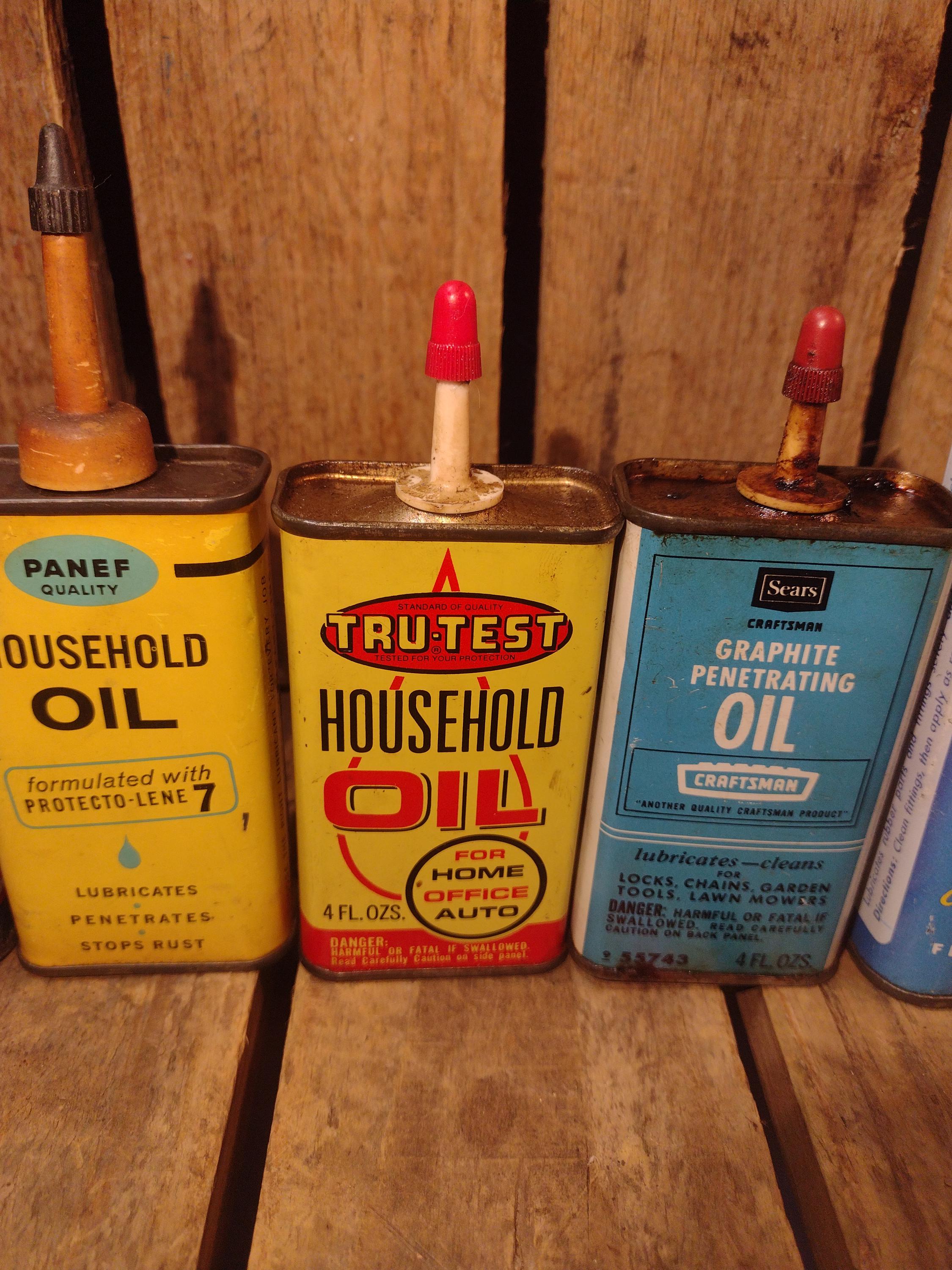 Vintage Oil Can Set: Singer, Esso, Penn, Sears, Tru-test, Ruglyde