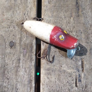 Vintage Wooden Fishing Lure Red White Antique Style Collectible Tackle Box Decor Rustic Cabin Lake House Gift