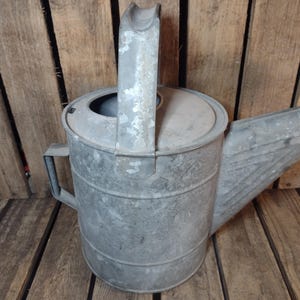 May include: A galvanized metal watering can with a curved handle and a spout. The can has a cylindrical body and a lid. The handle is attached to the top of the can, and the spout extends from the side. The watering can is designed for gardening.