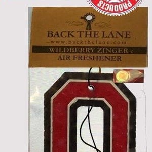 May include: Officially licensed air freshener featuring a red and black "O" shape. The air freshener is branded with "Back the Lane" and "Wildberry Zinger". The image also includes the "Officially Licensed Collegiate Products" seal.