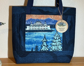 QUILTED GRAB & GO Tote Bag, Seattle Ferry Unique Design, Navy and Teal, Embroidery Design, Shoulder Bag,  Fits Laptops, I-Pads or Books