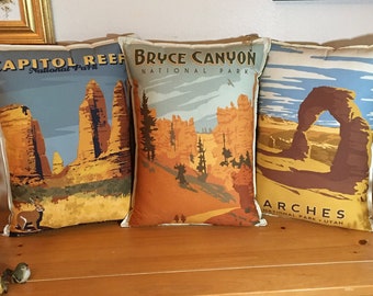 ZION GROUP National Park Poster Pillows,  Utah National Parks, Throw Pillow, Retro Posters, Vacation, Travel,