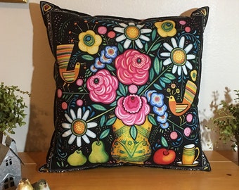 JULIE PASCHKIS REVERSIBLE Throw Pillow, Plenty Theme,  Black, Multicolor, Folk Art. Cottage Style, Modern Farmhouse