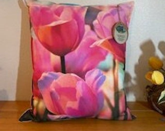 TULIPS IN BLOOM Throw Pillows, Digital Print,  Corals, Pinks and Greens,  Cottage Style Pillows