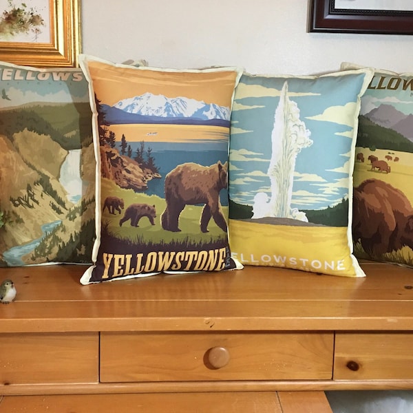 YELLOWSTONE GROUP National Park Poster Pillows , Wyoming National Parks, Throw Pillow,  Retro Posters, Vacation, Travel, Designer