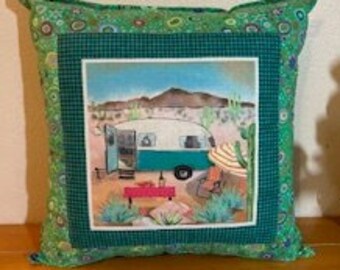 WHIMISICAL CAMPER Throw Pillows, Retro Mod Style Campers,  Sea Green Floral, Multicolor, Cottage Style, Modern Farmhouse
