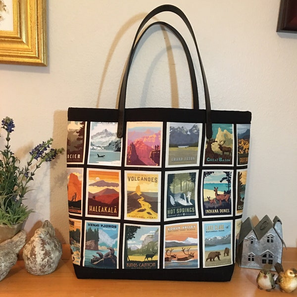 QUILTED X-LARGE WEEKENDER Bag, National Park Mini Poster Theme, Shoulder Bag,  Inner Pocket, Carry On Size