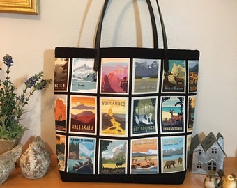 QUILTED X-LARGE WEEKENDER Bag, National Park Mini Poster Theme, Shoulder Bag,  Inner Pocket, Carry On Size