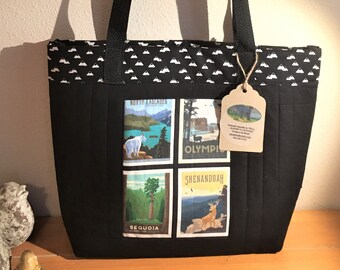 QUILTED Grab and Go Bag, National Park MINI POSTER Theme, Black, Shoulder Bag, Removable Bottom Stabilizer