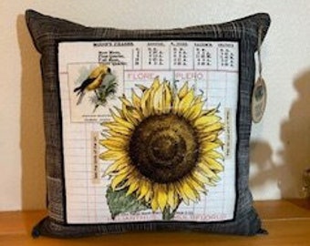 SUNFLOWER WATERCOLOR Design Throw Pillow, Art Journal Theme,  Black and White Weave Fabric, Cottage Style