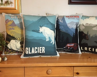 GLACIER GROUP National Park Poster Pillows,  Montana National Parks, Throw Pillow, Retro Posters, Vacation, Travel,