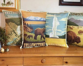 YELLOWSTONE GROUP National Park Poster Pillows , Wyoming National Parks, Throw Pillow,  Retro Posters, Vacation, Travel, Designer