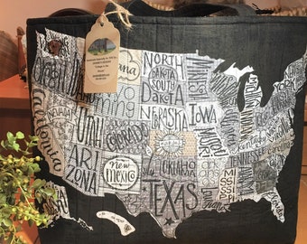 QUILTED WEEKENDER Bag, Retro US Map, Shoulder Bag, Cell Phone Pocket, Carry On size, Book Bag, Fits Laptop,