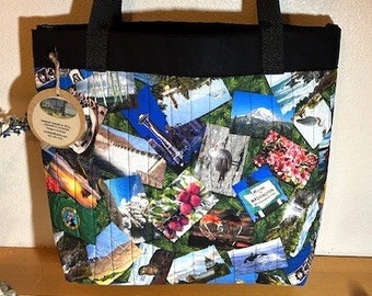 QUILTED Grab and Go Bag, Washington State Icons, DIGITAL PRINT, Shoulder Bag, Removable Bottom Stabilizer