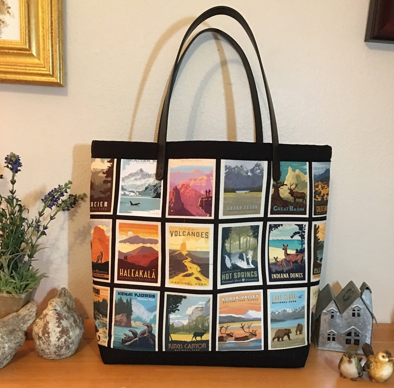 QUILTED X-LARGE WEEKENDER Bag, National Park Mini Poster Theme, Shoulder Bag, Inner Pocket, Carry On Size image 1