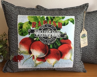 MODERN FARMHOUSE Throw Pillow, Radish Seed Packet Design, Charcoal and Ivory Geometric, Embroidery, Applique