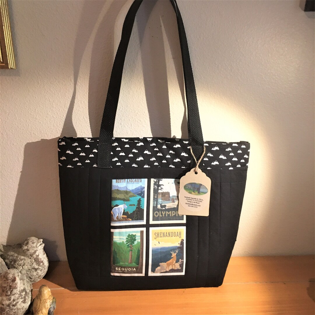 QUILTED Grab and Go Bag, National Park MINI POSTER Theme, Black
