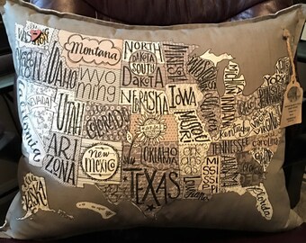 RETRO US MAP Throw Pillow in Fog Grey, Washington, Retro, Neutrals, States, Word Art,  Educational