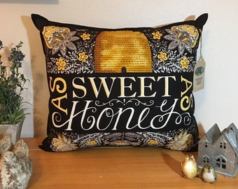 SWEET AS HONEY Throw Pillow in Black,  Debbie Strain Design, Honey Bees, Beehive, Nostalgic. Cottage Style
