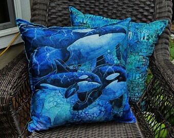 ORCA REVERSIBLE Throw Pillows, Sea Life Theme,  Deep Blues and Greens, Amazing  Fabric Design in 2 Settings, Cottage Style Pillows