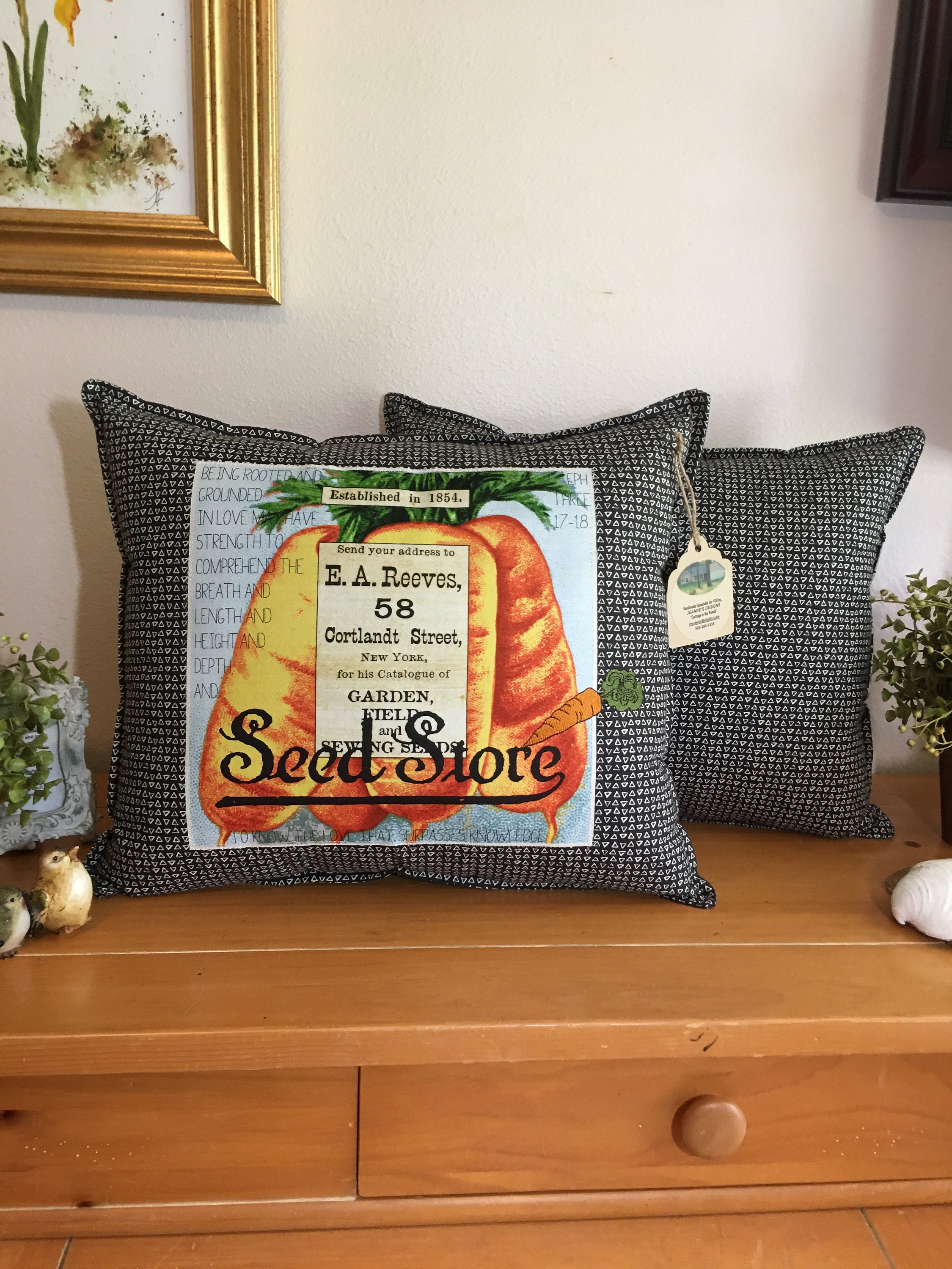 VTG Handmade Needlepoint Pillows Set Of 2 Vegetable Garden Peas Carrots Farm