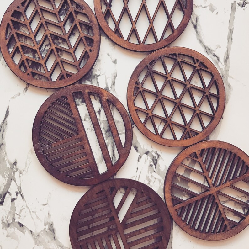 Laser cut laser engraved geometric wooden coasters in oak Etsy