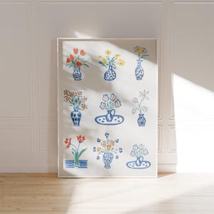 Póster con estampado de jarrones en FLOR, decoración del hogar, póster vintage, arte de pared, bar, impresión de flores, defectos digitales dibujados a mano