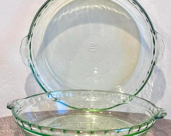 Set Of 2 Martha Stewart MSE Green Fluted Glass Pie Dish w/ Tab Handles 9.5"