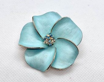 Vintage Light Blue Flower Overlapping Petals Rhinestone Brooch Gold Tone 2"