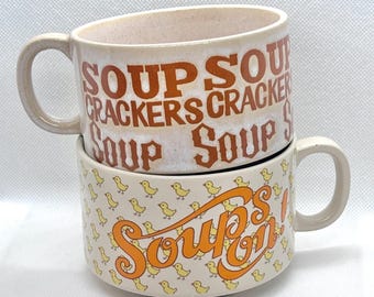 2 VTG 1970's SOUP CRACKERS Ceramic Stoneware Mug Cup Bowl 12 oz Made in Japan retro