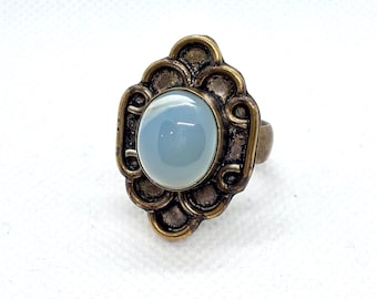 Antique Milky Blue Opalite Ring Size 8.75 Gold Tone