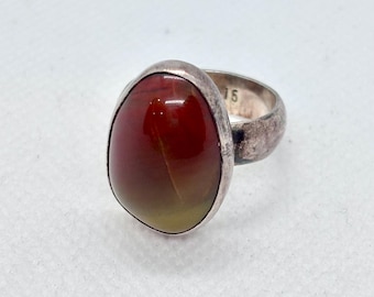 Antique Bezel Set Earthy Agate 15 Ct Gold Signed Ring Silver Orange Green Size 8.75