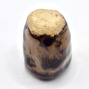 May include: A small, rounded ceramic object with a smooth, glossy finish in shades of tan and dark brown. The top surface is flat, textured, and light beige in color, contrasting with the darker, mottled glaze covering the rest of the piece.