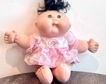Vintage 1995 Cabbage Patch Kids Doll Black Hair Green Eyes Pink Dress