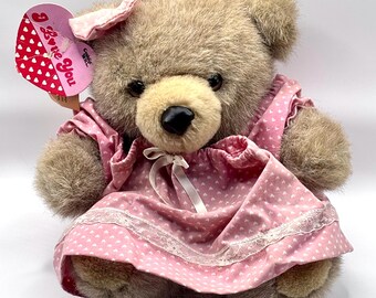 Vintage 1988 Cuddle Wit Light Brown Bear With Pink Dress And Bow With Tags!