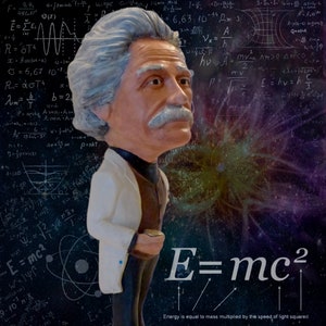 May include: A white bust of Albert Einstein with a white lab coat and a brown tie. The bust is set against a dark background with a purple, blue, and white nebula. The background also has white mathematical equations and formulas, including the famous equation 'E=mc²' with the text 'Energy is equal to mass multiplied by the speed of light squared'.