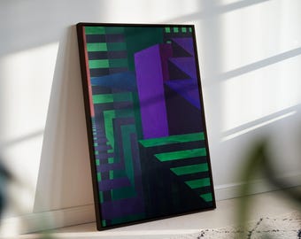 Labirinto – Pintura abstrata geométrica, arte de parede em acrílico verde e roxo