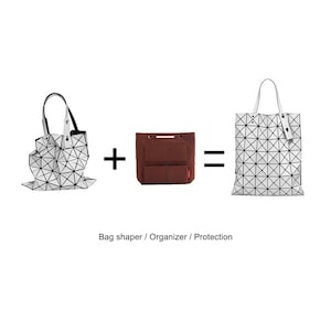 May include: An image showing a white geometric tote bag, a brown bag organizer, and the resulting combination. The text reads "Bag shaper / Organizer / Protection". The tote bag has a black handle and a geometric pattern.