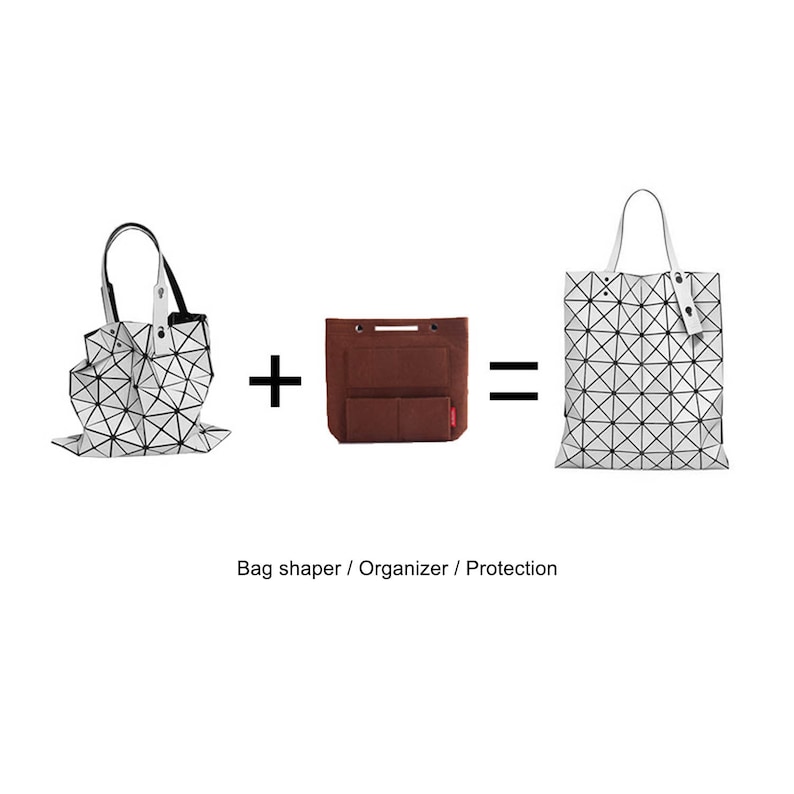 May include: An image showing a white geometric tote bag, a brown bag organizer, and the resulting combination. The text reads "Bag shaper / Organizer / Protection". The tote bag has a black handle and a geometric pattern.