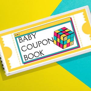 May include: A white baby coupon book with the text "BABY COUPON BOOK" and a colourful cube illustration. The book is spiral-bound and set against a yellow and teal background.