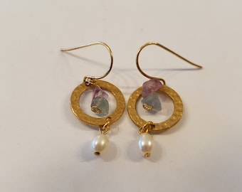 Gold Filled Fluorite Earrings: Gemstone Hoops with Pearls