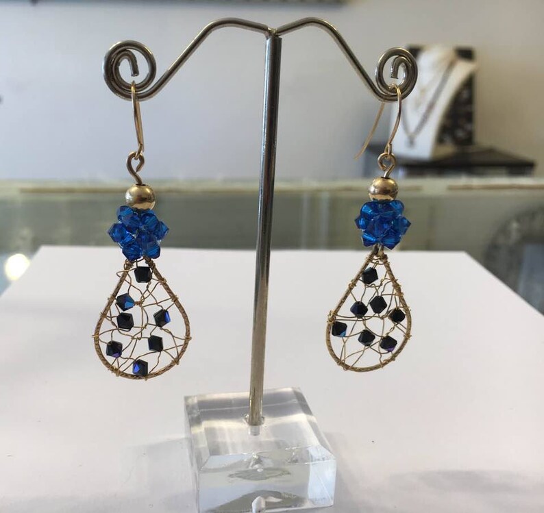 Goldfield earrings Swarovsky crystals,Crystals woven wire,Drop earrings,Blue earrings,Dangle earrings,Gift for her Knitted wire earrings